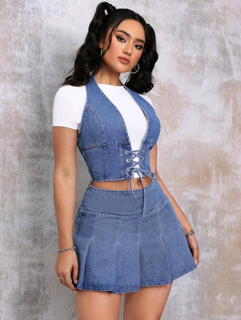 EZwear Cropped Denim Halter Top With Tie-Up Detail For Women