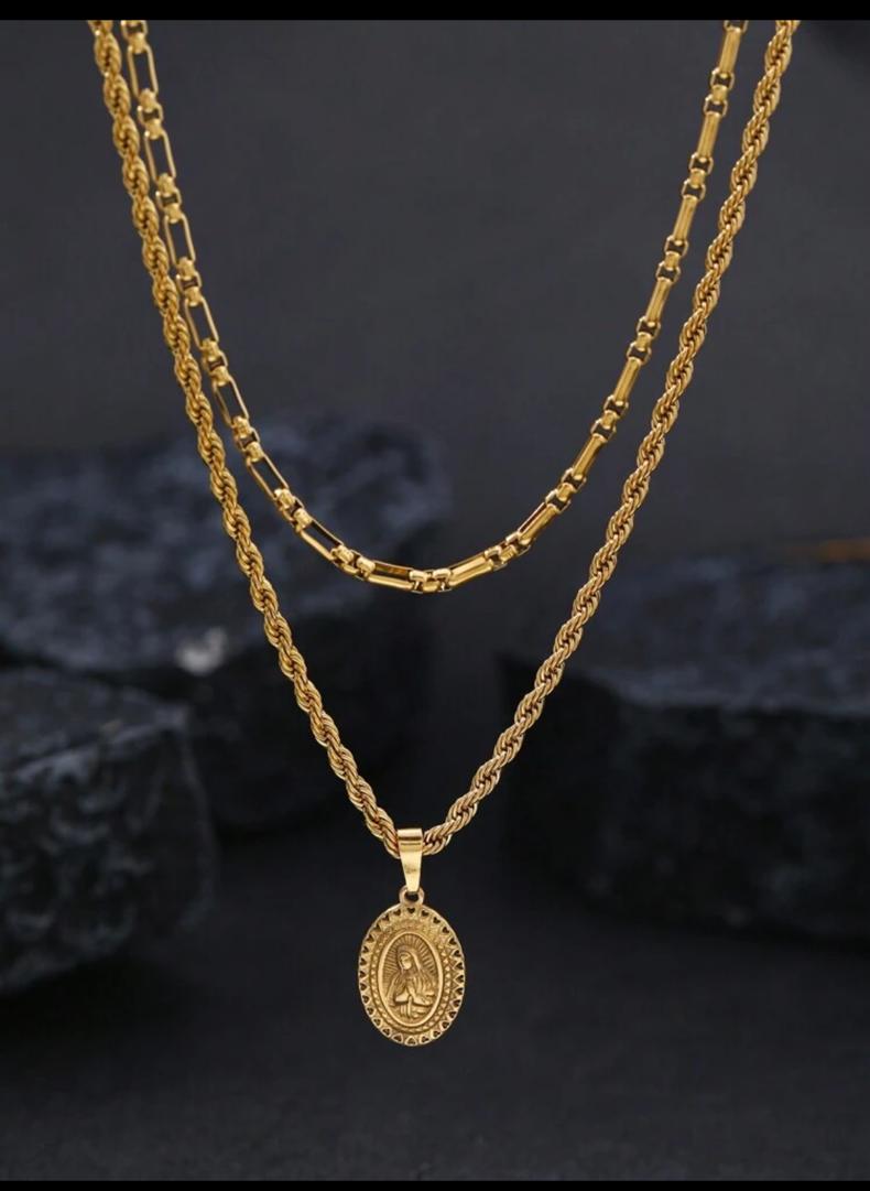 2pcs Fashionable 18K Gold Plated Stainless Steel Buddha Pendant Necklace Set, Suitable For Men And Women Everyday Wear