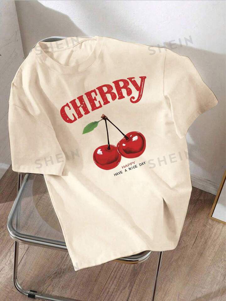 EZwear Oversized Cherry Pattern Round Neck Short Sleeve Women's T-Shirt, Casual And Simple