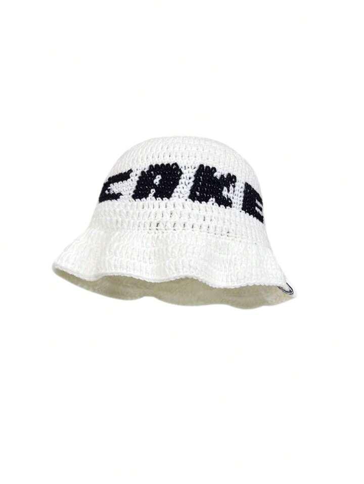 1pc Fashionable Handmade Crochet Knitted Bucket Hat With Letters For Women,School