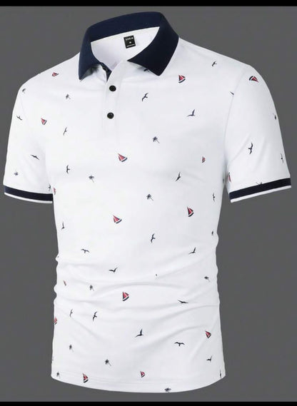 Manfinity Mode Men Allover Print Contrast Trim Polo Shirt, Half Button Collar Graphic Tropical Funny  Polo Shirt