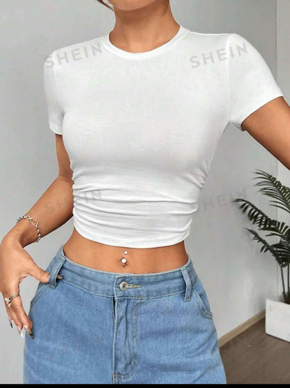 EZwear White Knitted Ladies' Slim Fit T-Shirt