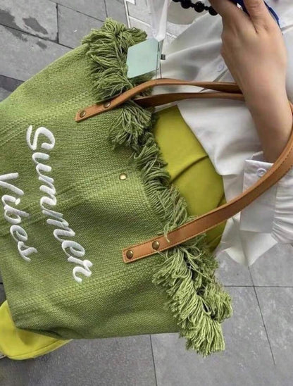 Fashionable Large Capacity Letter Decor Tassel Canvas Tote Bag For Commute,Shopping, Summer Essentials Women Bags For Vacation & Holiday