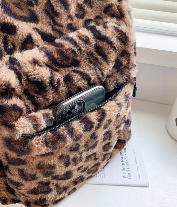 Allover Leopard Pattern Fluffy Backpack, Bag For School For CollegeSchool Bag