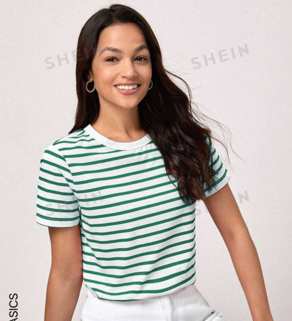 BASICS Casual Striped Print 94% Cotton Tee For Summer And Fall