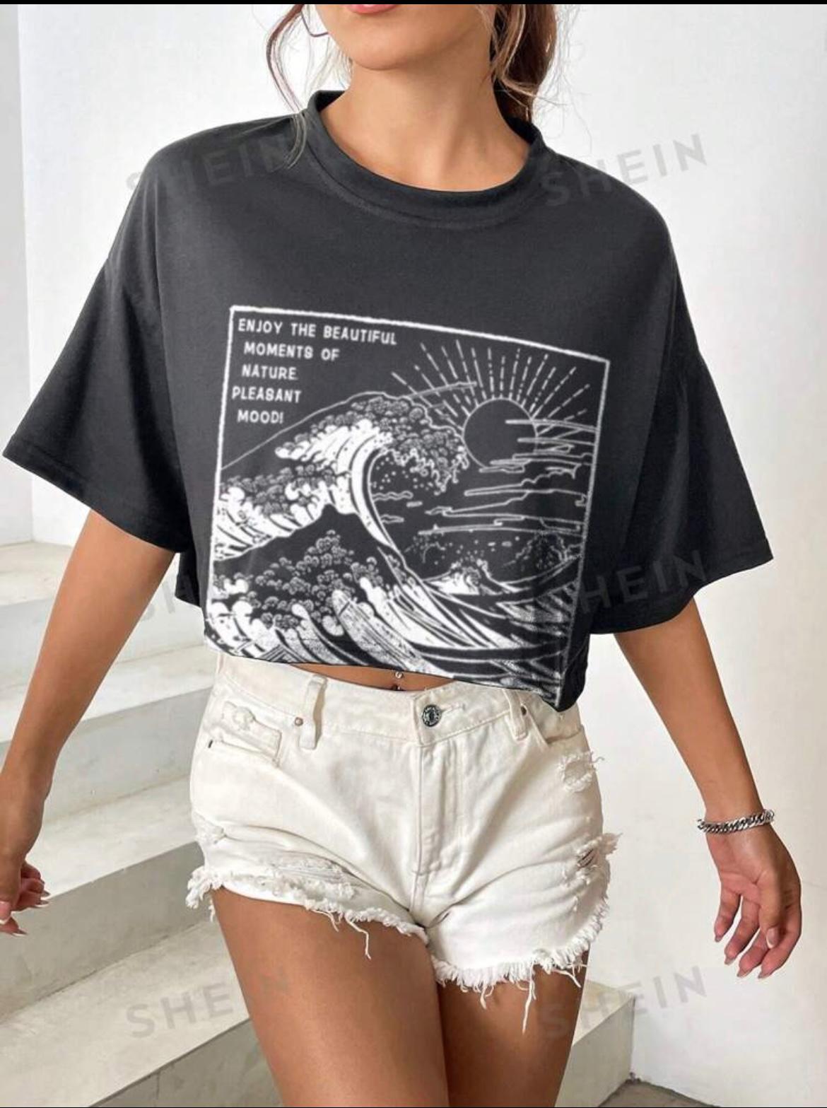 EZwear Wave & Slogan Graphic Drop Shoulder Tee ENJOY THE BEAUTIFUL MOMENTS OF NATURE PLEASANT MOOD