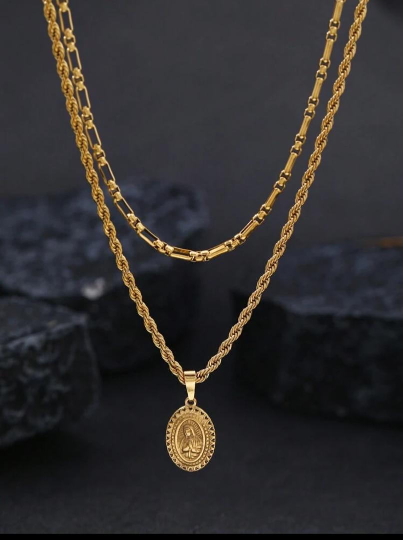 2pcs Fashionable 18K Gold Plated Stainless Steel Buddha Pendant Necklace Set, Suitable For Men And Women Everyday Wear