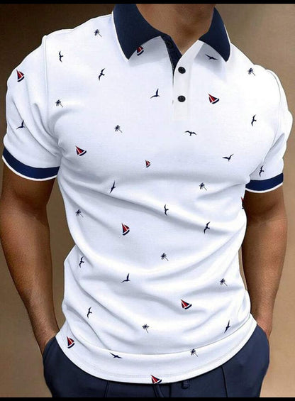 Manfinity Mode Men Allover Print Contrast Trim Polo Shirt, Half Button Collar Graphic Tropical Funny  Polo Shirt