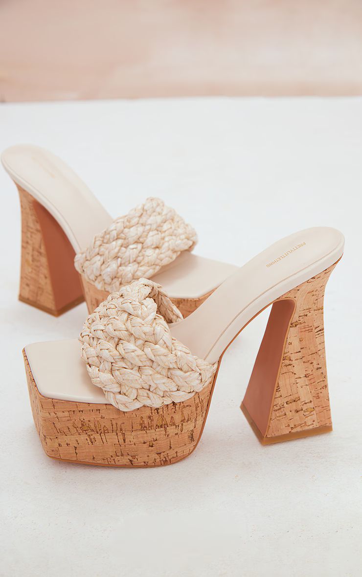 Natural Square toed woven Raffia strap cork platform heeled sandals