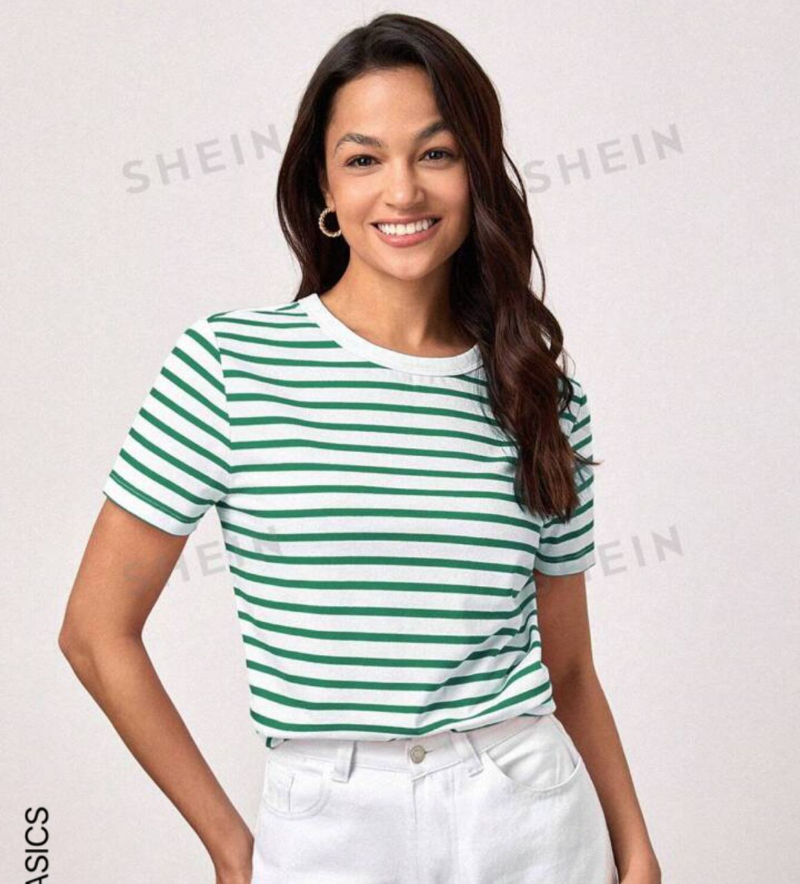 BASICS Casual Striped Print 94% Cotton Tee For Summer And Fall