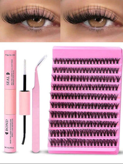 DIY Eyelash Extension Kit 200pcs Individual Lashes Cluster D Curl, 8-16mm Mix Lash Clusters With Lash Bond And Seal And Lash Applicator Tool For Self Application At Home (40D-0.07D-8-16MIX KIT)