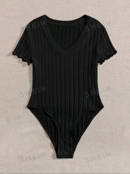 EZwear Solid Ribbed Knit V Neck Bodysuit For Summer