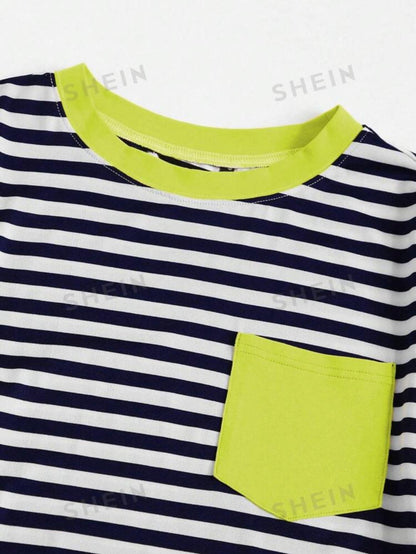 Neon Green Pocket Patched Striped Ringer Tee