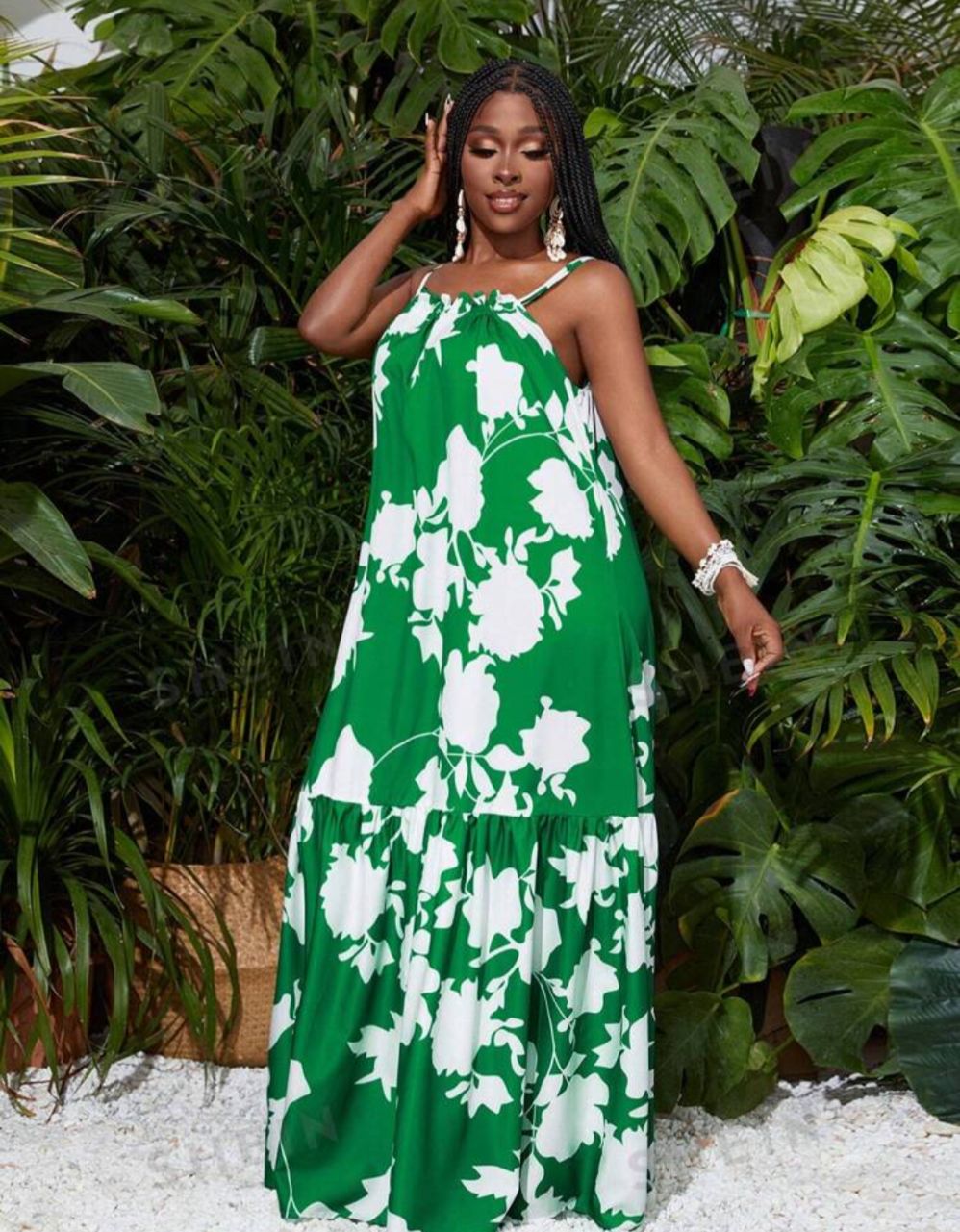 Slayr Summer Vacation Thin Suspender A-Hem Maxi Dress Green Plant All-Over Printed Women's Dress