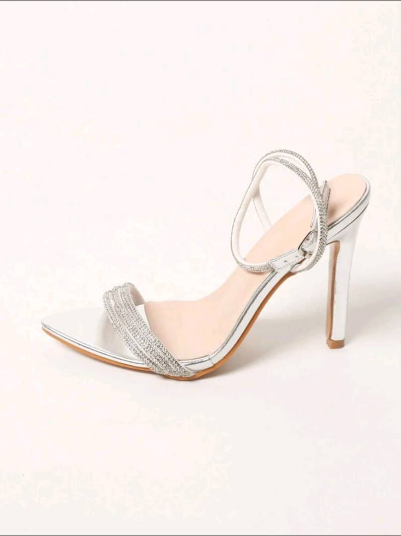 Women Metallic Rhinestone Decor Stiletto Heeled Ankle Strap Sandals, Glamorous Banquet Heeled Sandals