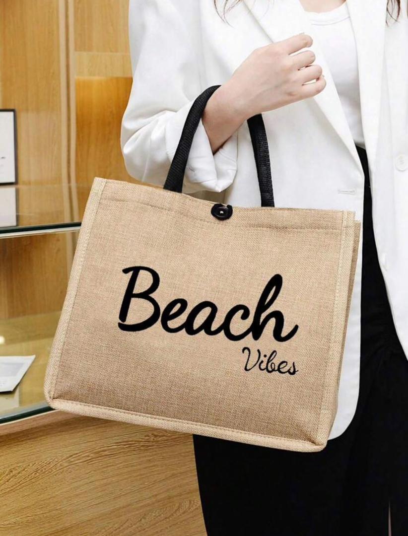 Beach Monogram Printed Tote Bag, Jute Tote Bag, Linen Large Capacity Beach Bag, Beach Bag For Travel, Beach, Casual Outings, Large Capacity Stylish Tote Bag, Reusable Shopping Bag, Park Bag, Travel Essentials