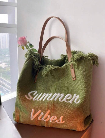 Fashionable Large Capacity Letter Decor Tassel Canvas Tote Bag For Commute,Shopping, Summer Essentials Women Bags For Vacation & Holiday