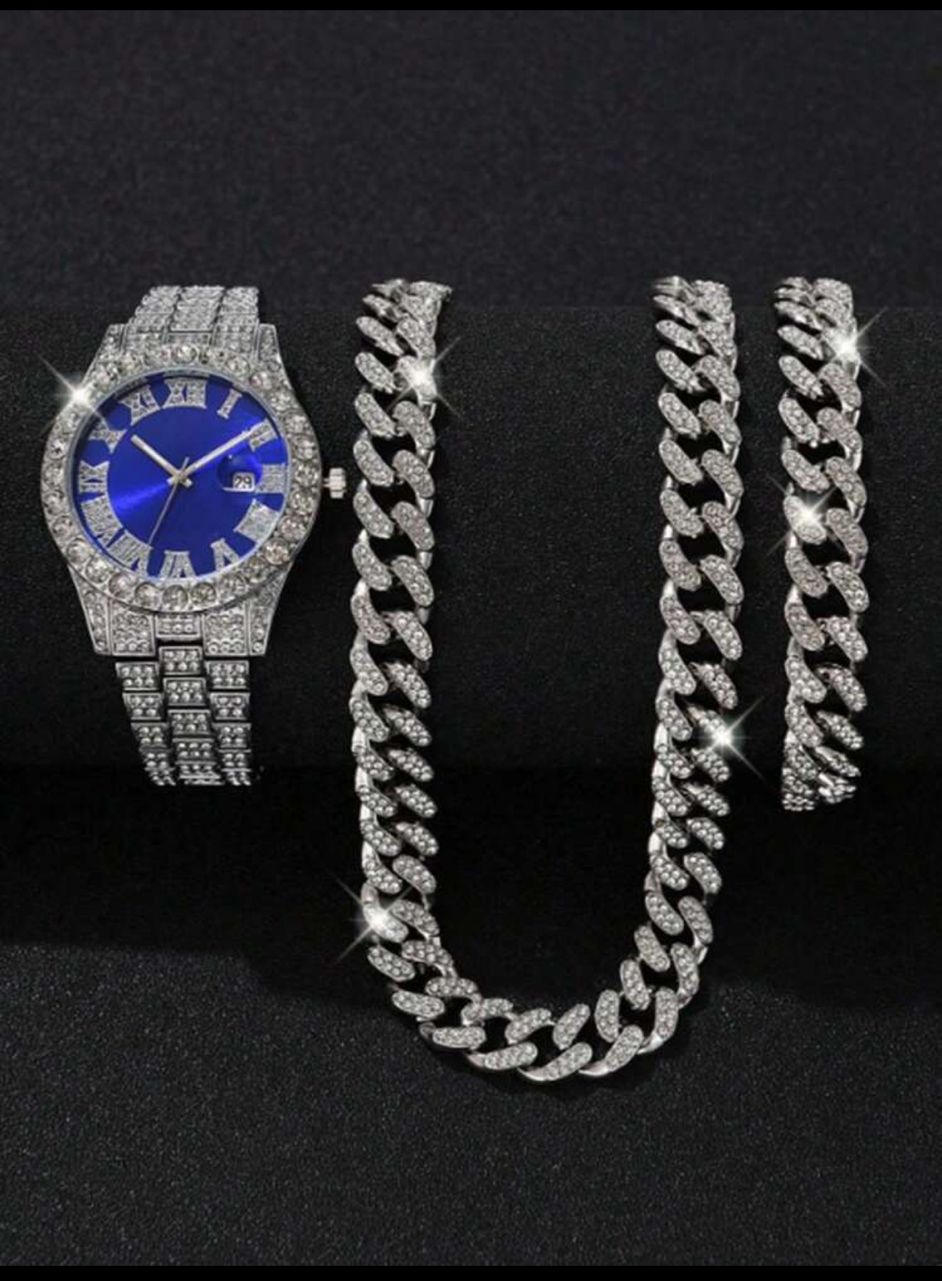 3Pcs Men's Silver Stainless Steel Strap Fashionable Casual Classic Roman Letter Scale With Calendar Function Blue Dial Quartz Watch  Bracelet Necklace Set Suitable For Daily Wear Decoration As A Holiday Gift For Friends Or Fathers