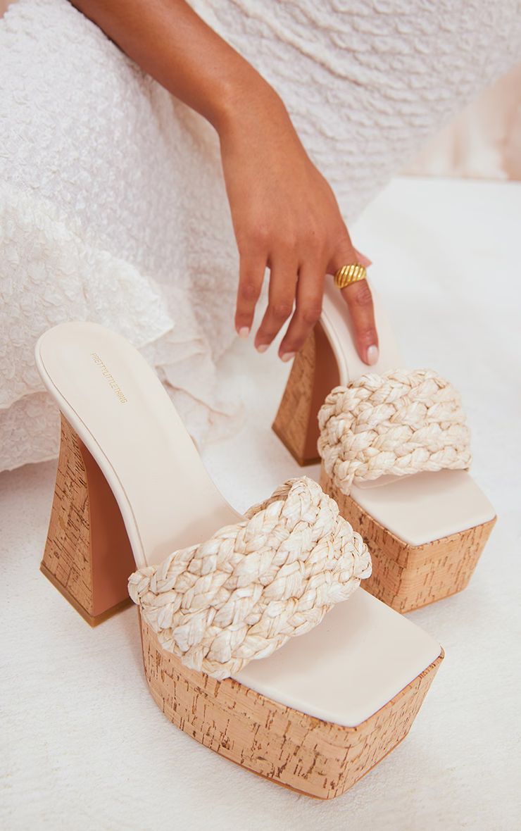 Natural Square toed woven Raffia strap cork platform heeled sandals