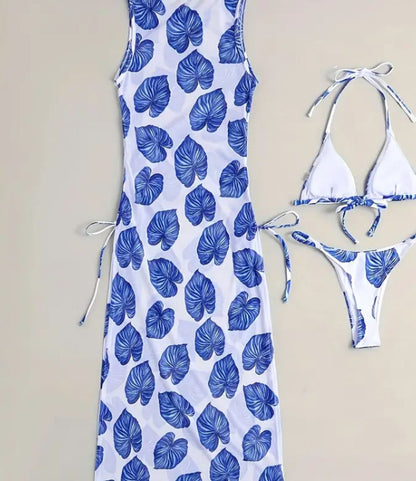 Ensemble de maillot de bain 3 pièces avec motif feuille