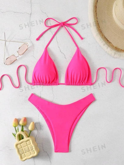 Swim Ladies' Solid Color Halter Neck Bikini Set Triangle Bra and For Vacation, Summer Beach.