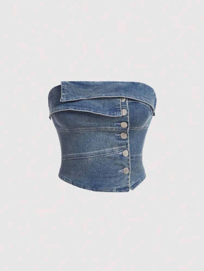 Button Fly Foldover Tube Denim Top