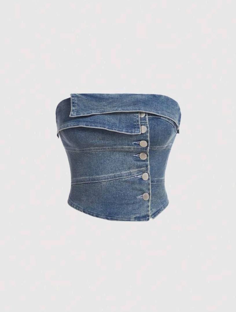 Button Fly Foldover Tube Denim Top