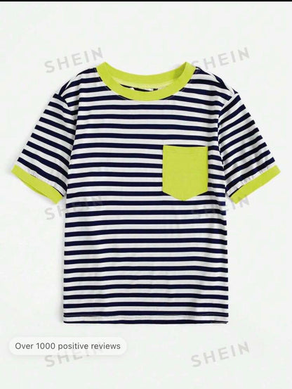 Neon Green Pocket Patched Striped Ringer Tee