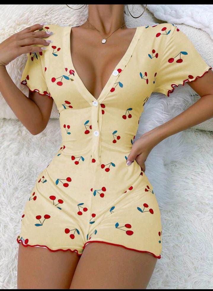 Cherry Print Lettuce Trim Button Front Sleep Romper