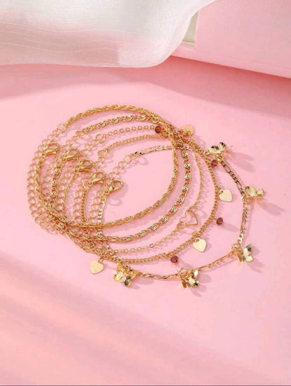 5pcs European And American Summer Fashion Metal Butterfly Spiral Chain Purple Beaded Pendant Anklet, Women's Versatile Gold Color Foot Jewelry Set, Suitable For Wearing At The Beach During Vacation