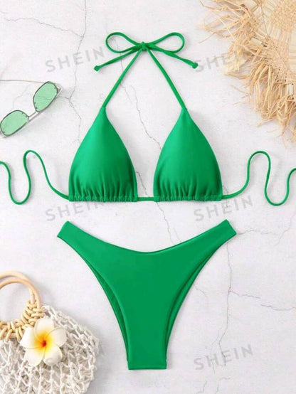 Swim Ladies' Solid Color Halter Neck Bikini Set Triangle Bra and For Vacation, Summer Beach.