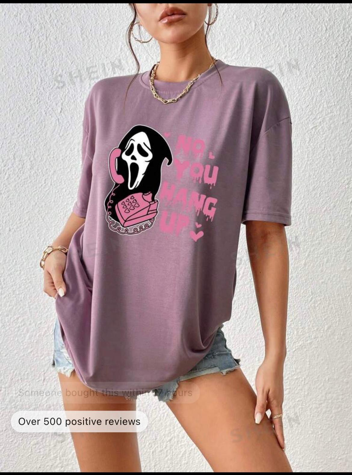 Ghost Slogan Printed Short Sleeve T-Shirt NO YOU HANG UP