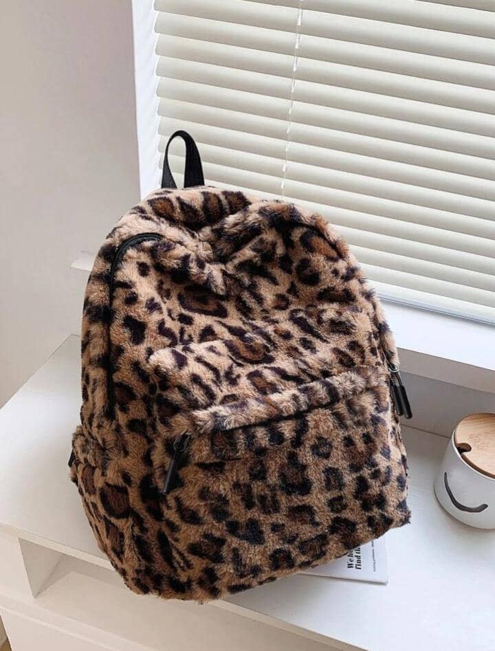 Allover Leopard Pattern Fluffy Backpack, Bag For School For CollegeSchool Bag