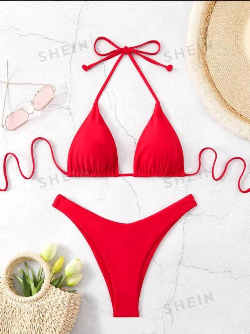 Swim Ladies' Solid Color Halter Neck Bikini Set Triangle Bra and For Vacation, Summer Beach.