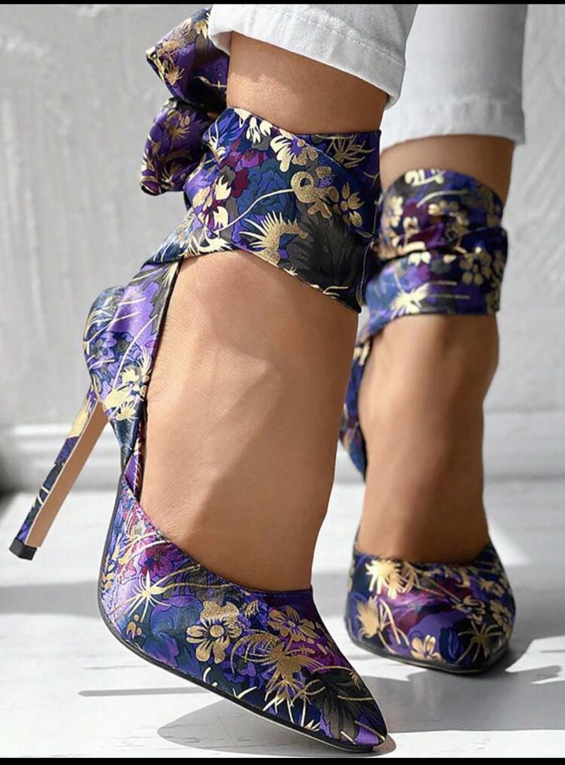 Floral Print Satin Ribbon Tie High Heels, Fashionable Pointed Toe Bow Element Lace Up Thin High Heel Sandals, Party Formal Dress Shoes, Wedding Ceremony Shoes