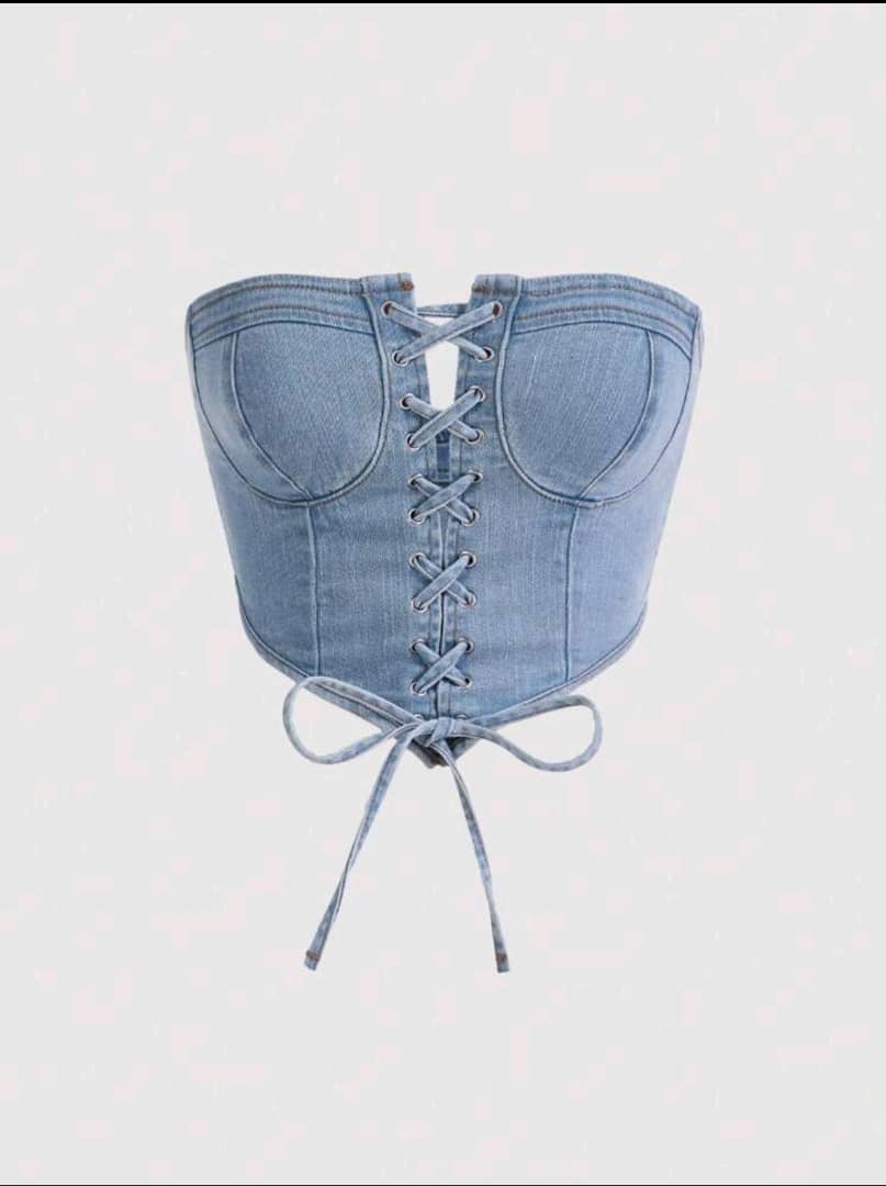 MOD Lace Up Front Center Front Lace-Up Decoration Breast Cup Division Tube Summer Denim Top