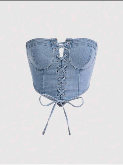 MOD Lace Up Front Center Front Lace-Up Decoration Breast Cup Division Tube Summer Denim Top