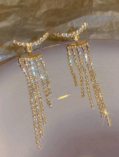 2pcs Full Rhinestone Tassel Earrings, Sparkling, Suitable For Vacation, Party, Date, Gift And Daily Wear