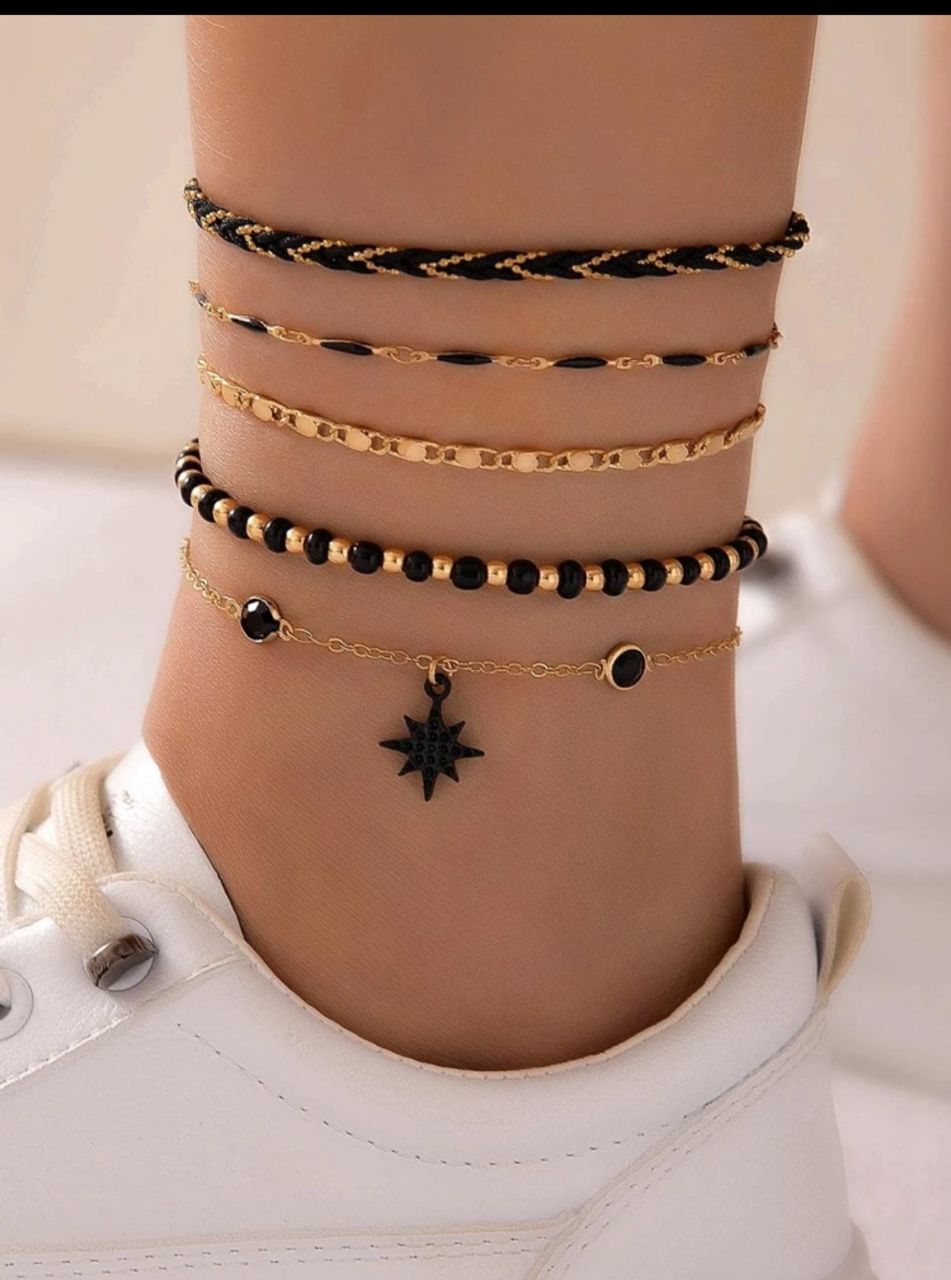 5pcs/set Boho Zinc Alloy Eight-pointed Star Charm Anklet For Women For Daily Life