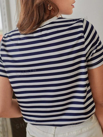 Frenchy Striped Print Heart Embroidery Tee