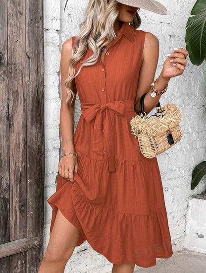 VCAY Ruffle Hem Belted Shirt Dress