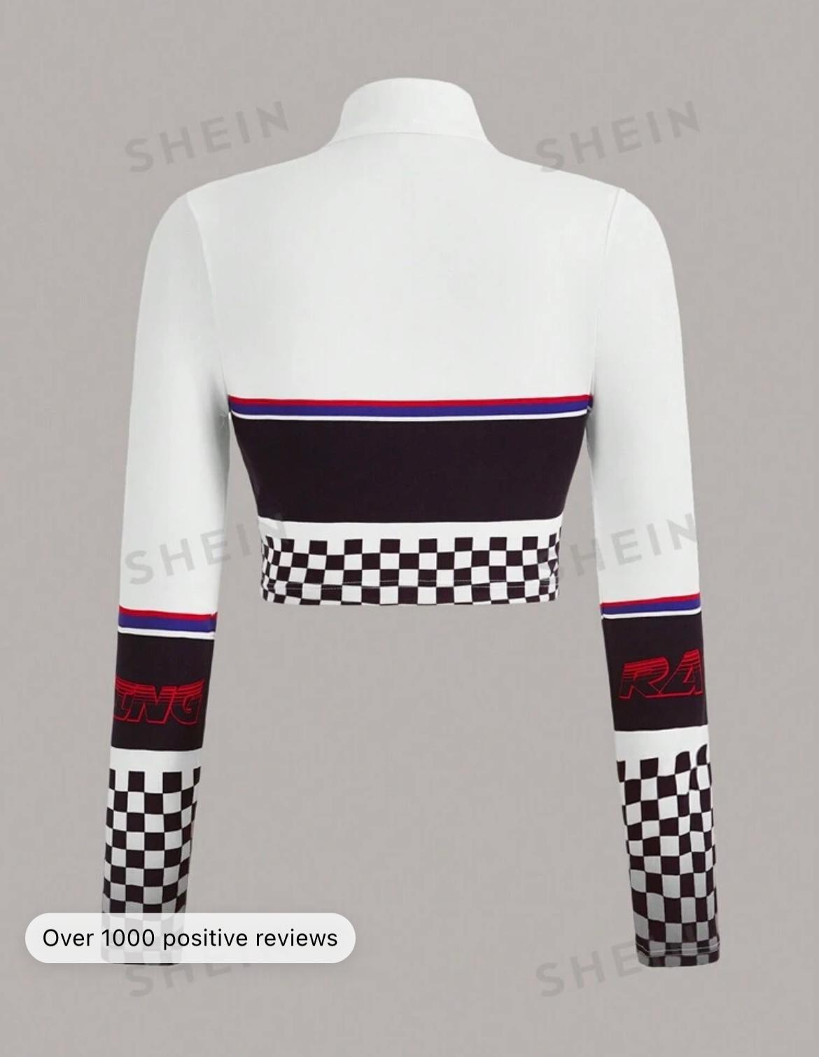 ICON Letter & Checker Print Half Zip Crop Bikercore White Tee