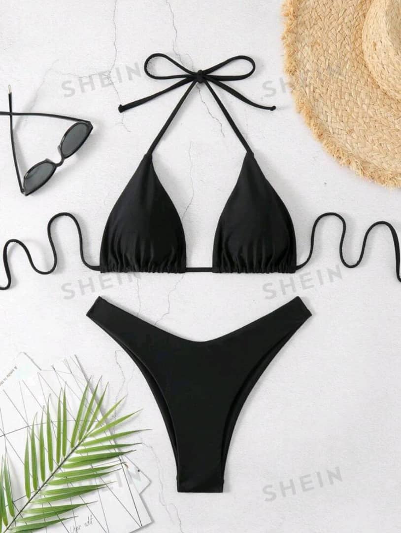 Swim Ladies' Solid Color Halter Neck Bikini Set Triangle Bra and For Vacation, Summer Beach.