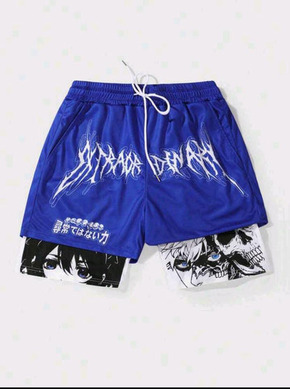 ROMWE Anime Men 2 In 1 Cartoon Print Breathable Basketball Shorts Suitable For Daily Wear In Spring And Summer