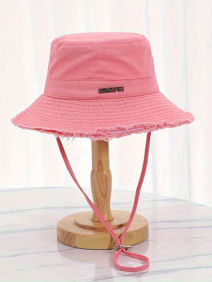 POLOGWON Street Metallic Letter Embellished Flap Edge Bucket Hat With Sun Protection For Women, Summer Outdoor Activities