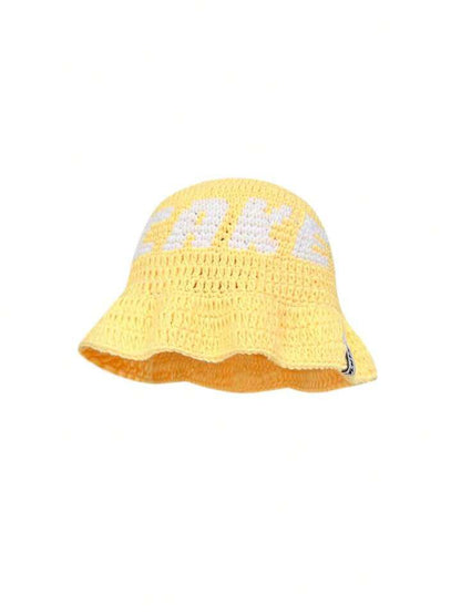 1pc Fashionable Handmade Crochet Knitted Bucket Hat With Letters For Women,School