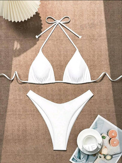 Swim Ladies' Solid Color Halter Neck Bikini Set Triangle Bra and For Vacation, Summer Beach.