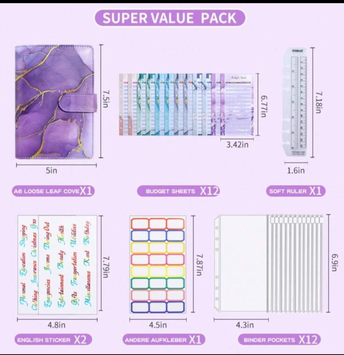 The New Cash Storage Plan For 2024 Can Meet Current Storage Needs, Equipped With 12 Zipper Pockets, 12 Month Schedule, 2 English Labels, 24 Grid Stickers, And A Ruler