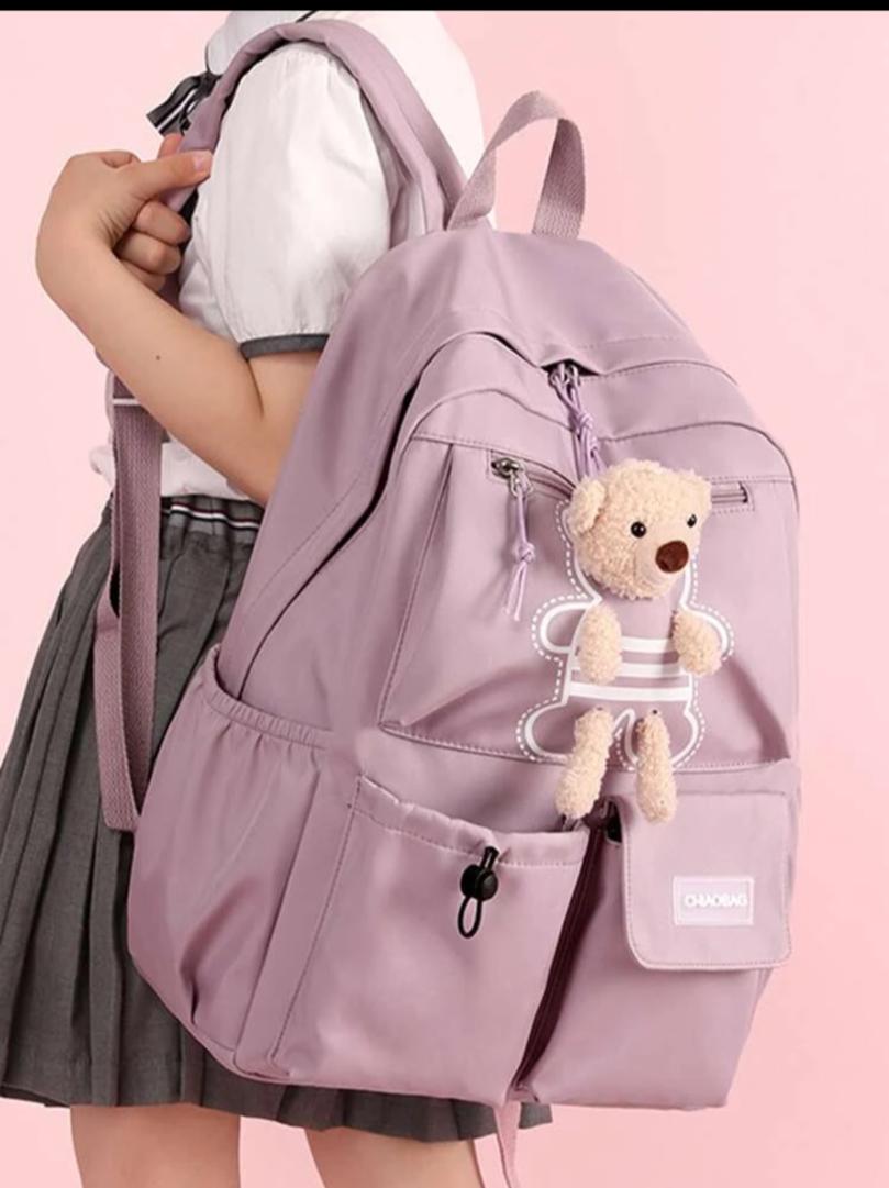 Casual Fashion Backpack Functional Backpack Letter Patch Decor Drawstring Front Functional Backpack With Bag CharmSchool Backpack,School BagLarge CapacityFor Teen Girls Women College StudentsBack To School,Middle School, High School, School Supplies,Backp