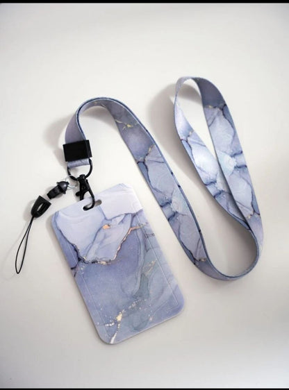 1pc Marble Pattern Card Cover With Lanyard